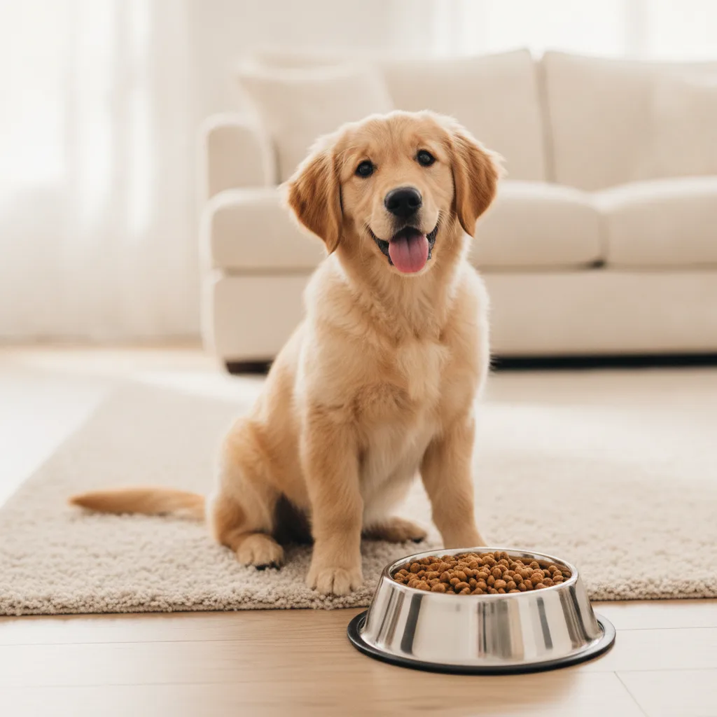 Junger Golden-Retriever-Welpe sitzt neben einem gefüllten Edelstahl-Futternapf in einem hellen Wohnraum