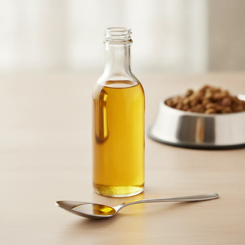 Glasflasche mit goldgelbem Lachsöl und ein gefüllter Esslöffel auf hellem Holztisch, im Hintergrund ein Napf mit Trockenfutter