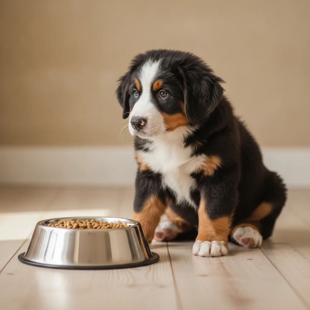 Berner-Sennenhund-Welpe sitzt neben einem großen Edelstahl-Futternapf auf hellem Holzboden
